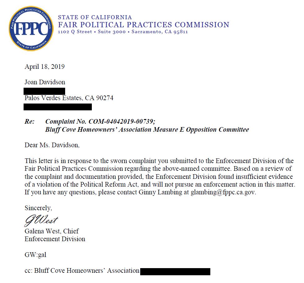 BCHA FPPC Davidson Joan Complaint Rejection Ltr 04-18-2019